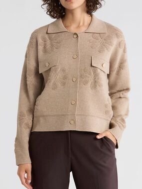 Cyrus Beige Floral Textured Sweater Jacket Button-Front Cardigan M NWT